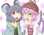  animal_ears bad_id bad_pixiv_id bird_wings blush capelet collarbone food futomashio grey_hair hat long_sleeves mouse_ears multiple_girls mystia_lorelei nazrin open_mouth pink_hair popsicle puffy_sleeves red_eyes tongue touhou wings yellow_eyes 