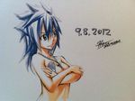  2012 blue_hair covering covering_breasts fairy_tail genderswap gray_fullbuster long_hair mashima_hiro nude signature smile solo tattoo topless 