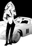  bouquet car cu_chulainn_(fate/prototype) fate/prototype fate_(series) ferrari ferrari_250_gto flower formal greyscale ground_vehicle kireru long_hair male_focus monochrome motor_vehicle ponytail solo suit 