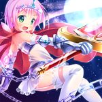  :d armor armored_dress blush cloak dress full_moon gauntlets green_eyes lowres moon night open_mouth original petite pink_hair sekine_irie sky smile solo sword thighhighs tiara weapon 