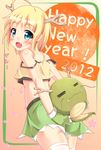  2012 :d ahoge bare_shoulders blonde_hair blue_eyes blush dragon dragon_girl dragon_horns fang horns looking_at_viewer midriff monster_girl new_year open_mouth original sekine_irie short_hair skirt smile solo tank_top thighhighs 