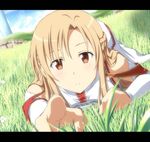  armor asuna_(sao) bare_shoulders braid brown_eyes brown_hair commentary_request day dutch_angle flower foreshortening grass letterboxed long_hair looking_at_viewer lying nori_tamago on_stomach outstretched_arm pointing pointing_at_viewer sky smile solo sword_art_online 