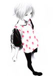  backpack bag black_legwear copyright_request foreshortening from_above full_body legwear_under_shorts monochrome pantyhose short_hair shorts simple_background skull_and_crossbones smile solo sousou_(sousouworks) spot_color white_background 