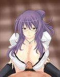  1girl breasts highres huge_breasts juno_(artist) paizuri penis purple_hair red_eyes senran_kagura senran_kagura_(series) smile suzune_(senran_kagura) uncensored 