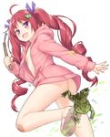  :d ahoge ass bandaid bandaid_on_knee blush borrowed_character drill_hair fang flat_chest frog hair_ornament hairband hazuki_watora holding hood hood_down hoodie komase_(jkp423) long_hair looking_back naked_hoodie open_mouth original pink_eyes red_hair sandals sickle smile solo twin_drills twintails 