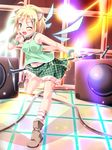  :d animal_ears blonde_hair blush collar copyright_request green_eyes hair_ornament hairclip looking_at_viewer microphone navel open_mouth plaid plaid_skirt sekine_irie short_hair skirt smile socks solo stage striped striped_legwear wings 