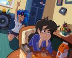  black_hair blue_hair cereal chair clothing eyewear female friendship_is_magic fruit glass glasses goggles grape hair human humanized mammal my_little_pony not_furry octavia_(mlp) orange_juice ric-m robe shirt shorts speaker sunglasses tired two_tone_hair vinyl_scratch_(mlp) wub 