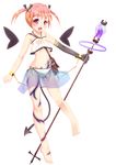  :d bag bare_shoulders blush copyright_request cuffs demon_tail elbow_gloves gloves midriff navel open_mouth orange_hair purple_eyes satchel sekine_irie short_hair simple_background skirt smile solo staff tail white_background wings 