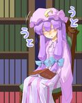  bad_id bad_pixiv_id blush book bookshelf chair closed_eyes crescent futomashio hat highres long_hair long_sleeves patchouli_knowledge purple_hair sitting sleeping sleeping_upright solo touhou very_long_hair wide_sleeves 