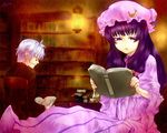  1girl ahoge alternate_costume book bookshelf butler capelet chair crescent glasses hat jin_nai long_hair long_sleeves morichika_rinnosuke open_book patchouli_knowledge purple_eyes purple_hair reading silver_hair sitting touhou wide_sleeves yellow_eyes 