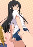  absurdres adjusting_buruma adjusting_clothes adjusting_panties akiyama_mio ass bangs black_hair blunt_bangs brown_hair buruma coffee-kizoku double_vertical_stripe eyebrows_visible_through_hair flat_ass from_behind gym_uniform highres hime_cut k-on! long_hair looking_back multiple_girls panties panties_under_buruma scan striped striped_panties tainaka_ritsu tongue underwear wedgie 