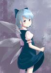  bad_id bad_pixiv_id blue_eyes blue_hair blush bow cirno dress dress_lift from_behind hair_bow highres ice ice_wings looking_back nuwara_eliya short_hair skirt_hold smile solo touhou wings 