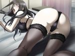  1girl artist_request ass black_bra black_hair black_legwear black_panties blush bra character_request eyes_closed glasses legwear lingerie long_hair open_mouth panties solo source_request underwear 