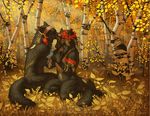  arm_wraps autumn biceps canine eyes_closed feather forest jewelry kissing nude smile tree werewolf werewolf_calendar wolf-nymph wood 