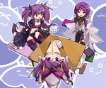  absurdres aisha_(elsword) angkor_(elsword) artist_name back_bow bad_id bad_pixiv_id book bow broom closed_eyes coat dimension_witch_(elsword) elemental_master_(elsword) elsword from_above highres kneeling long_hair looking_up multiple_girls multiple_persona purple_background purple_eyes purple_hair purple_legwear purple_skirt purple_sleeves skirt smile swd3e2 table thighhighs twintails void_princess_(elsword) 