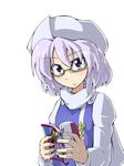  bad_id bad_pixiv_id bespectacled blue_eyes book futomashio glasses green-framed_eyewear hat highres letty_whiterock long_sleeves puffy_sleeves purple_hair scarf short_hair solo touhou white_scarf 