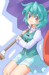  aqua_hair bad_id bad_pixiv_id blue_eyes blush futomashio heterochromia highres karakasa_obake long_sleeves puffy_sleeves purple_umbrella red_eyes short_hair solo tatara_kogasa tongue touhou umbrella 