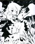  absurdres bloomers bow cirno crossed_legs hair_bow highres ice ice_wings millipen_(medium) monochrome puffy_sleeves short_hair short_sleeves sitting smile solo torajirou_(toraneko_zirou) touhou traditional_media underwear wings 