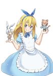  2boys :&lt; alice_(wonderland) alice_in_wonderland animal_ears blonde_hair blue_eyes blush brown_hair cheshire_cat chibi dress errant hair_ribbon long_hair looking_at_viewer monocle multiple_boys personification ribbon silver_hair simple_background smile sweater_vest tail white_background white_rabbit ||_|| 