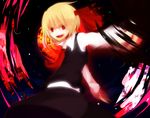  blonde_hair fang hair_ribbon long_sleeves ogami_ren open_mouth outstretched_arms red_eyes ribbon rumia short_hair slit_pupils solo touhou 