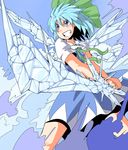  bad_id bad_pixiv_id blue_eyes blue_hair bow cirno crystal_sword futomashio grin hair_bow highres ice ice_wings puffy_sleeves short_hair short_sleeves smile solo sword touhou weapon wings 