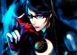  bad_id bad_pixiv_id bayonetta bayonetta_(character) black_hair blue_eyes bodysuit cleavage_cutout earrings flower glasses gloves hair_ribbon heart jewelry mole mole_under_mouth ribbon seitsuji solo upper_body 