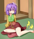  bad_id bad_pixiv_id barefoot blush collarbone cramp flower futomashio hair_ornament hieda_no_akyuu highres japanese_clothes lightning_bolt long_sleeves open_mouth purple_eyes purple_hair short_hair sitting solo tears touhou yokozuwari 