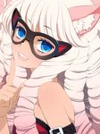  animal_ears blue_eyes cat_ears curly_hair face finger_to_face glasses ikr open_mouth smile solo tagme 