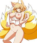  animal_ears bare_shoulders blonde_hair bottomless breasts dearmybrothers dress dress_lift fox_ears fox_tail highres large_breasts looking_at_viewer multiple_tails navel no_panties pussy short_hair simple_background solo tail touhou uncensored white_background yakumo_ran 