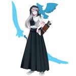  alternate_costume arrow ashe_(league_of_legends) bird blue_eyes blush bow_(weapon) eagle hakama hand_on_hip hip_vent hood japanese_clothes league_of_legends long_hair mizunaka muneate quiver silver_hair simple_background solo weapon white_background 