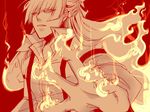  arm_strap fire flame foreshortening fujiwara_no_mokou lowres monochrome nanjo outstretched_hand red solo suspenders touhou 