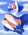  bad_id bad_pixiv_id blue_eyes blush cloud day futomashio highres hood kumoi_ichirin long_sleeves open_mouth purple_hair short_hair sky solo touhou 