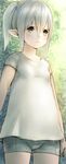  bike_shorts blush final_fantasy final_fantasy_xiv flat_chest green_eyes grey_hair lalafell makimura_shunsuke petite plump pointy_ears ponytail shirt shorts solo standing t-shirt 