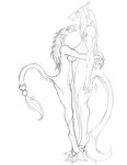  big_breasts breasts butt female hair hug lesbian long_hair long_tail monochrome muscles nipples omnoproxyl337 plain_background raistlinalston16 sergal size_difference tall white_background 
