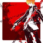  blonde_hair chain closed_eyes closed_mouth enkidu_(weapon) fate/stay_night fate_(series) gilgamesh jacket long_sleeves lorein male_focus pants profile red_background shirt smile solo standing 