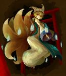  amaguri_(artist) animal_ears blonde_hair floating floating_object fox_tail full_body hat light_smile looking_back multiple_tails ofuda orange_eyes short_hair solo tail torii touhou wide_sleeves yakumo_ran 