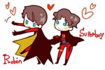  2boys blue_eyes cape character_name chibi dc_comics heart lowres male male_focus multiple_boys robin_(dc) superboy tim_drake young_justice 