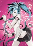  blue_eyes blue_hair bracelet hatsune_miku jewelry jinbei long_hair microphone miniskirt music ring singing skirt tattoo twintails very_long_hair vocaloid 