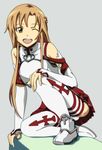  :o armor asuna_(sao) bad_id bad_pixiv_id bare_shoulders braid breastplate brown_eyes brown_hair grey_background long_hair long_legs one_eye_closed one_knee open_mouth panties pantyshot pleated_skirt rikku04 simple_background skirt solo sword_art_online thighhighs underwear white_legwear white_panties 