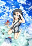  :o arm_up bare_shoulders barefoot black_hair blue_eyes blush cloud day dolphin iwamoto_sora kneeling long_hair looking_up open_mouth original palette shading_eyes skirt sky solo striped turtle water 