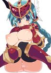  :o aqua_eyes aqua_hair armor black_legwear blue_eyes bottomless braid breasts censored gauntlets head_wings heart heart_censor large_breasts long_hair looking_at_viewer mirim nipples nude pussy pussy_juice queen's_blade queen's_blade_rebellion simple_background single_braid sitting solo thighhighs visor_(armor) white_background zankuro 