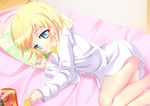  bed blonde_hair blue_eyes blush chips copyright_request eating food looking_at_viewer lying mouth_hold on_side pillow potato_chips sekine_irie short_hair solo 