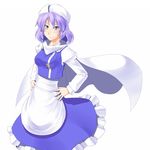  absurdres apron bad_id bad_pixiv_id blue_eyes cape futomashio hat highres letty_whiterock long_sleeves puffy_sleeves purple_hair short_hair smile solo touhou white_background 
