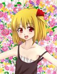  blonde_hair hair_ribbon off_shoulder open_mouth outstretched_arms red_eyes ribbon rumia side_ponytail smile solo strap_slip tori_(minamopa) touhou upper_body 
