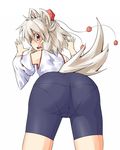  animal_ears bad_id bad_pixiv_id bike_shorts detached_sleeves futomashio hat highres inubashiri_momiji looking_back pantylines red_eyes short_hair silver_hair solo tail tokin_hat touhou white_background wide_sleeves wolf_ears wolf_tail 