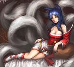  absurdres ahri animal_ears bare_shoulders blue_hair breasts cleavage detached_sleeves facial_mark fingernails fox_ears fox_tail highres kibellin large_breasts league_of_legends lips long_hair looking_at_viewer lying multiple_tails on_side signature solo tail whisker_markings yellow_eyes 