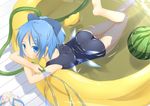  alternate_hairstyle blue_eyes blue_hair bow cirno grin hair_bow highres hose leg_up looking_at_viewer lying on_stomach one-piece_swimsuit ponytail pool rubber_duck sakurea school_swimsuit short_hair slippers smile solo swimsuit touhou water 