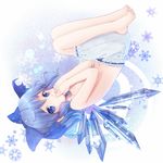  bad_id bad_pixiv_id barefoot bloomers blue_eyes blue_hair cirno covering_mouth feet ice ice_wings looking_at_viewer navel nunucco short_hair snowflakes solo topless touhou underwear underwear_only upside-down white_bloomers wings 