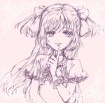  bow choker finger_to_mouth gloves hair_bow kaname_madoka long_hair mahou_shoujo_madoka_magica monochrome solo two_side_up ultimate_madoka yukishiro_(hitsuji) 