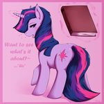  blush book bubble bubbles cutie_mark dialog dialogue drunk english_text equine female feral friendship_is_magic glowing hair half-closed_eyes horn intoxicated levitation looking_at_viewer magic mammal multi-colored_hair my_little_pony solo text twilight_sparkle_(mlp) unicorn 